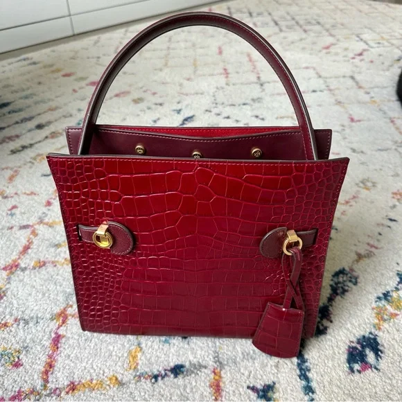 Tory Burch Lee Radziwill Embossed Small Double Bag in Roma Red - Picture 2 of 15